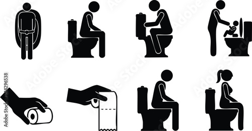 Toilet usage and hygiene vector icons with sitting, standing, and hand washing actions in black silhouette style