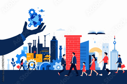 Diverse people walking through a vibrant city, embracing technology and global connection for a brighter future