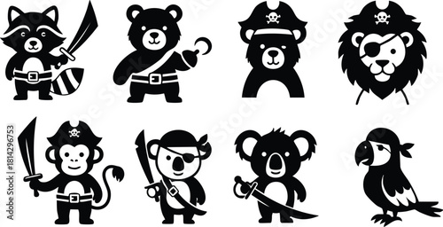 Animal pirate icons set with raccoon bear lion monkey koala parrot in pirate costumes vector illustration