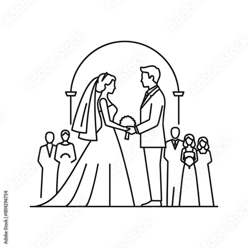 Outline icon of a wedding ceremony with bride and groom exchanging vows under an arch with guests watching, isolated on