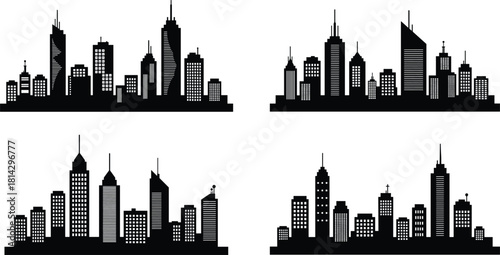 Minimal black city skyline silhouettes grid, four urban skyline variations, modern architecture icons, vector cityscape set for design and branding, print, web