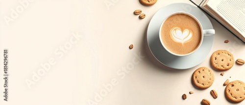 Elevated cappuccino, cookies, and book setup