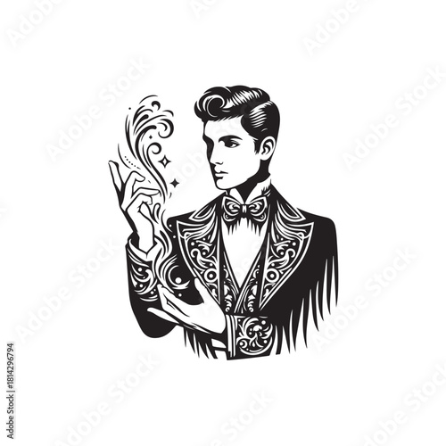 Vector illustration of a magician in action with a dynamic pose, complete with a typical costume, or other trick elements.