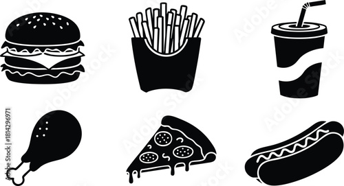 Fast food icons set including burger fries soda chicken pizza and hot dog vector illustration