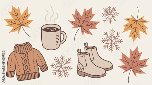Cozy autumn and winter vector illustration featuring maple leaves hot drink warm sweater boots and snowflakes perfect for seasonal designs