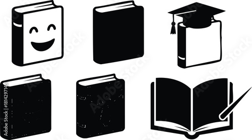 Education themed black silhouette book icons with smile face and graduation cap vector illustration collection
