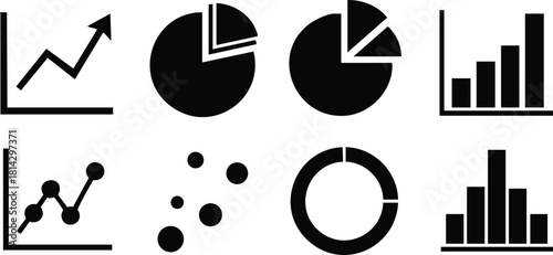 Black and white chart and graph icons set with pie, line, bar, scatter, and donut styles vector illustration