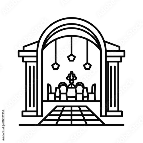 Simple line art icon of a formal dining room setup viewed through an architectural archway with columns