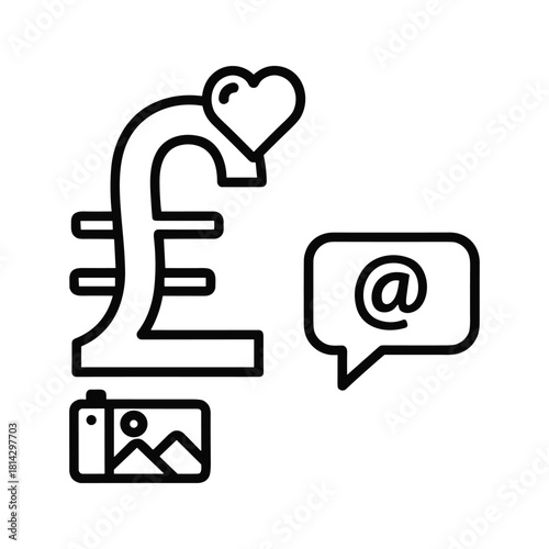 Outline icon set representing finance, love, communication, and photography concepts isolated on