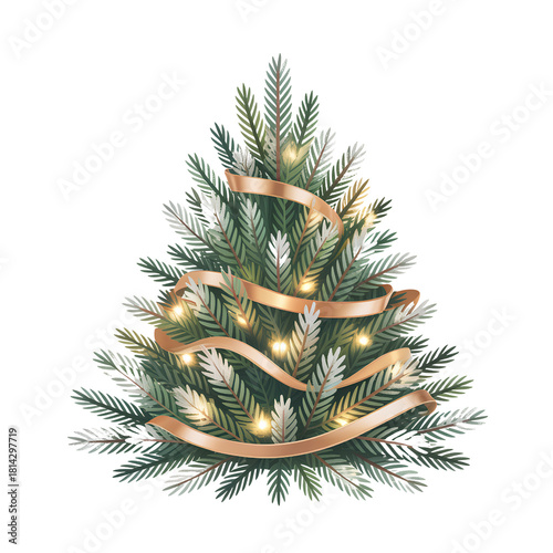 Stylized Small Christmas Tree with Subtle Frosted Tips and Minimal Ribbon Accents, Cozy Seasonal Look, Transparent Background
