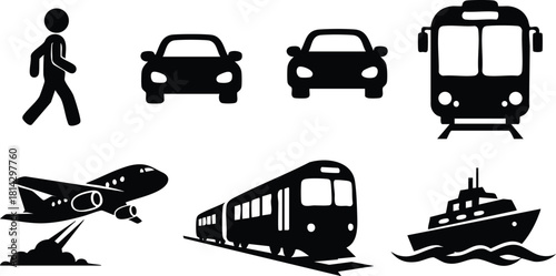 Transportation icons set with walking, cars, airplane, train, tram, and ship vector illustration