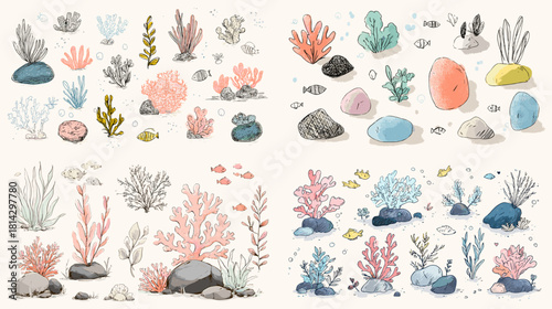 Hand drawn underwater scene featuring coral, stones, sea plants, and small fish in soft colors. Perfect for marine illustrations, kids themes, aquarium designs, and ocean patterns.