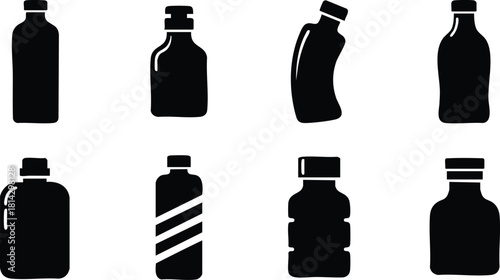 Set of black silhouette plastic bottles in various shapes and sizes vector illustration