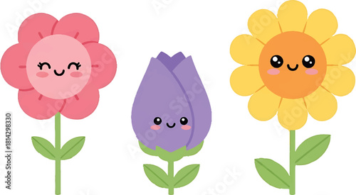 Three adorable cartoon flowers with happy faces in pink, purple, and yellow, perfect for spring themes