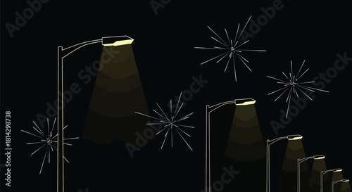 Streetlights illuminate the night sky with abstract starbursts in a dark scene