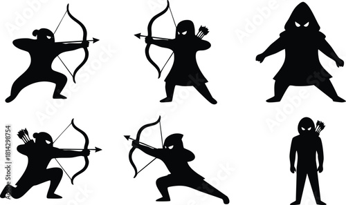 Ninja silhouette vector set with archery poses and standing figures in action and ready stance
