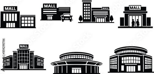 Shopping mall building icons vector set with various architectural styles and storefront designs