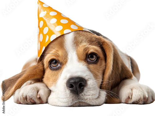 Beagle puppy dog cute portrait wearing party hat lying on floor adorable pet small breed playful animal