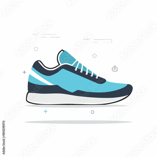 A vibrant blue and white athletic shoe with white laces, designed for running or training, showcased against a clean, minimalist background with subtle graphic elements