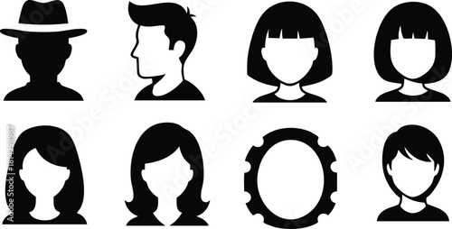 Silhouette female and male avatar icons set simple profile vector illustration with mirror frame