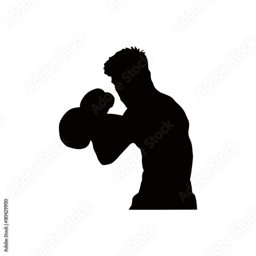 Silhouette of a boxer in fighting stance against a white background