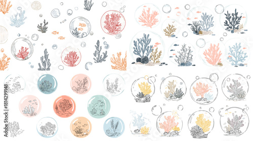 Playful coral illustration set with bubbles, sea plants, and small fishes in soft pastel colors. Ideal for underwater designs, children themes, ocean decor, and creative artwork.