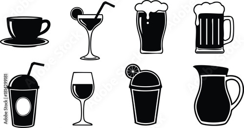 Beverage collection vector with coffee cup cocktail beer mug wine glass pitcher and juice cup