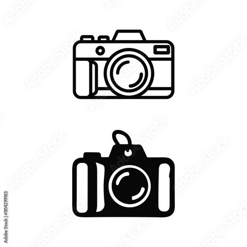 Two black and white line art icons representing a modern camera and a compact camera, isolated on