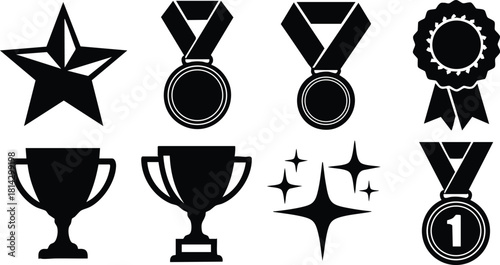 Achievement award icons set with star medals trophies and sparkling rewards vector illustration