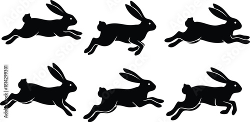 Silhouette black running rabbits set vector illustration in dynamic poses for animal wildlife design