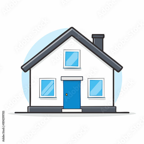 A charming white detached house with a blue door and windows, set against a light blue circular background, symbolizing home and shelter