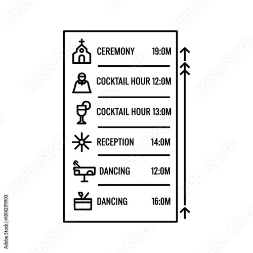 Black and white icon set representing a wedding event timeline with ceremony, cocktail hour, reception, and dancing schedule