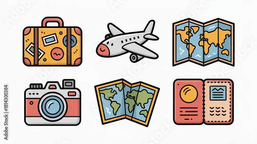 Travel icon set featuring luggage airplane map camera and passport flat vector illustration for tourism and vacation planning