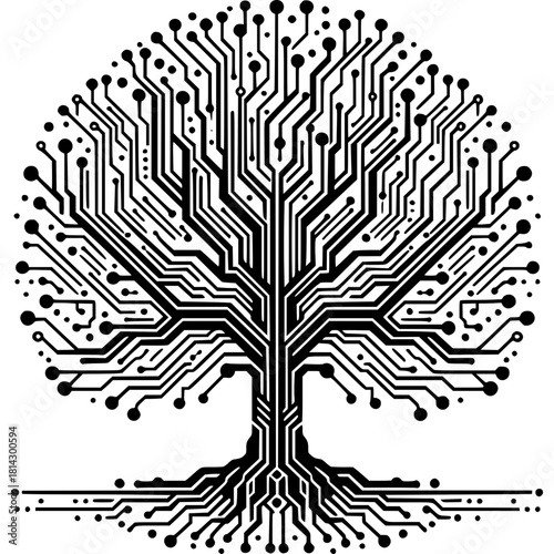 Digital Tree of Innovation: An artistic representation of a tree, formed by intricate circuit board patterns, symbolizes growth, interconnectedness, and the fusion of nature and technology.