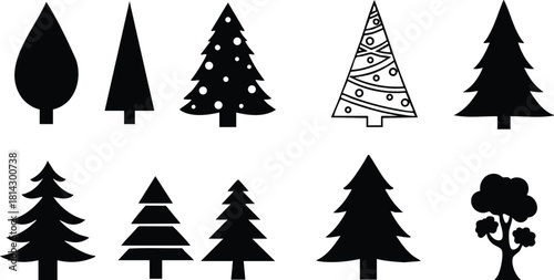 Various tree silhouette vector icons including pine, fir, and stylized leaf shapes in black and white design