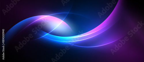 Abstract design features flowing curves, vibrant blues, purples, bright light. Smooth gradients create dynamic visual effect.