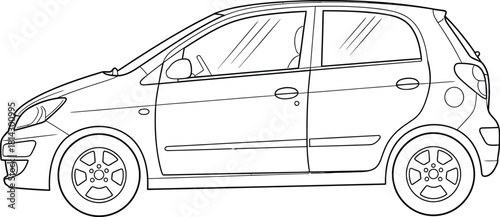 Line art illustration of a compact car viewed from the side on white background