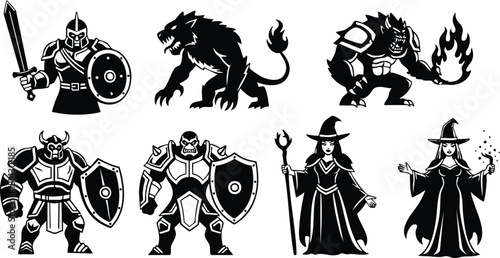 Medieval fantasy characters warrior knight werewolf fire mage wizard vector illustration set