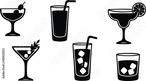 Cocktail and mixed drink glasses vector collection with various garnishes and ice cubes for beverage design