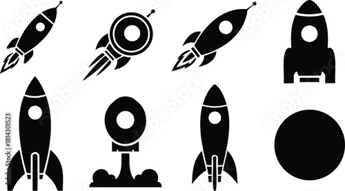 Rocket and spaceship vector icon set with launch and orbit designs for space and technology themes