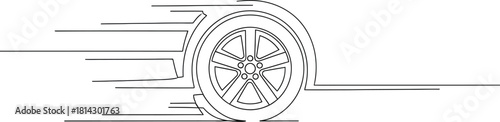 Car wheel in motion shown with speed lines in a minimalist line drawing