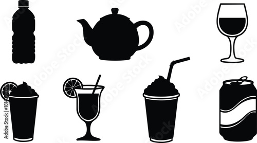 Beverage icons vector set with bottle, teapot, cocktail, soda can, and glass illustrations for drink design and menu graphics