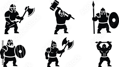 Viking warrior silhouettes with axe shield spear and hammer battle poses vector illustration