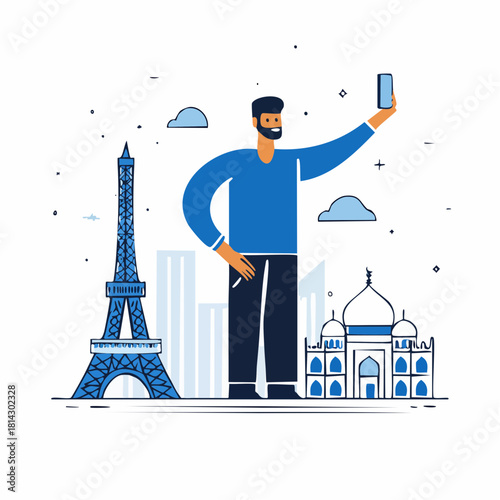 Traveler Capturing Memories A Vector Illustration of a Person Taking a Selfie with Iconic World Landmarks in the Background