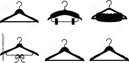 Black Clothes Hangers Vector Set for Fashion Design and Wardrobe Organization in Minimalist Style