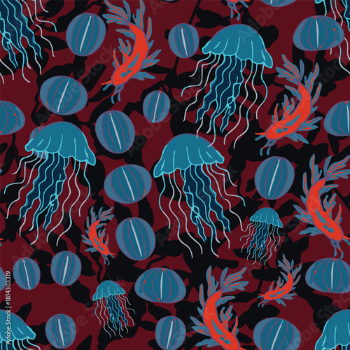 Vibrant vector seamless pattern with glowing blue jellyfish, red comb jellies, and deep burgundy background. Perfect for textile and wallpaper design.