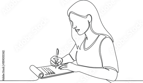 Woman writing on a notepad in a continuous line drawing style illustration