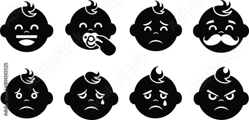 Baby face emoticons happy sad angry crying pacifier and moustache vector icons set