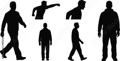 Male human walking and standing silhouette vector set showing different poses and actions for design or animation use