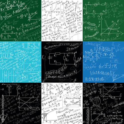 A collection of mathematical equations and formulas on a blackboard. A set of hand-drawn diagrams and graphs on white, black, green backgrounds.